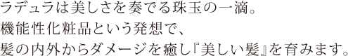 ラデュラは美しさを奏でる珠玉の一滴。機能性化粧品という発想で、髪の内外からダメージを癒し『美しい髪』を育みます。